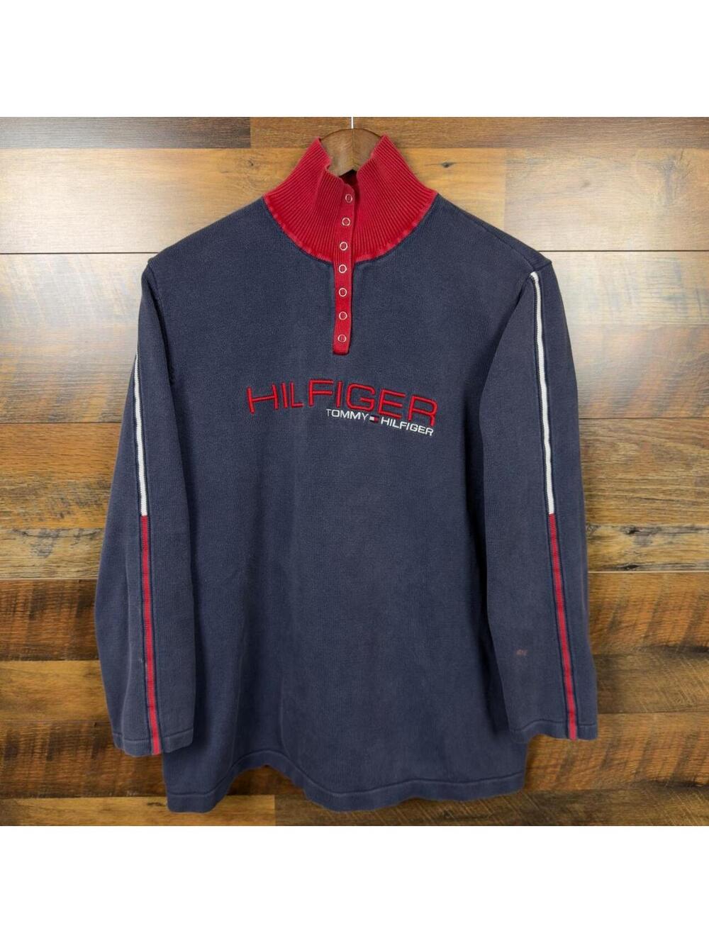 Vintage Tommy Hilfiger Quarter Snap Pullover Sweatshirt Navy Red XL